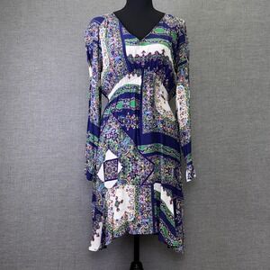 Boho Patchwork Print Long Sleeve V Neck Dress Blue‎ Green Casual